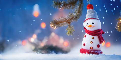 The snowman with red hat and scarf is standing in the snow,Generative AI.