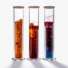 Fototapeta na wymiar laboratory multi-colored samples of bacteria and microorganisms in transparent glass test tubes, isolated white background