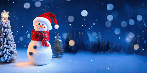 The snowman with red hat and scarf is standing in the snow,Generative AI.