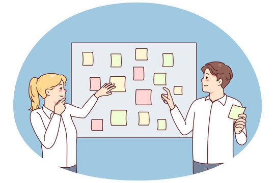 Employees brainstorm engaged in creative thinking in office. Businesspeople work with sticker planning tasks together at meeting. Teamwork concept. Vector illustration.