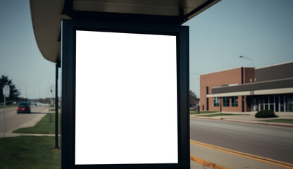Empty space advertisement board, blank white signboard on roadside in city, Square blank billboard...
