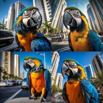 Macaw parrot on the background of high-rise buildings and blue sky. A collage of four photos of a macaw parrot.