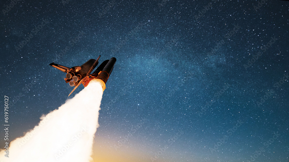 Poster spaceship rocket shuttle successfully takes off with blast and puffs of smoke into starry space. suc