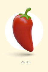 Vertical poster with single hot red pepper. 3D chili pepper with text. Burning fresh vegetable. Template for cooking apps, vegetable shops, recipe sites