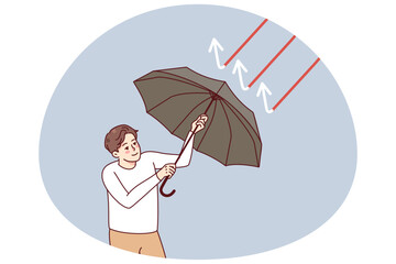 Confident businessman holding umbrella protect from red arrows. Business man recover from economic recession and crisis. Flat vector illustration.