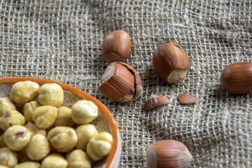 Ripe filbert kernels and hazelnuts in a shell on burlap background. Healthy nutrition, diet food. Copy space. Shallow depth of field. Selective focus.