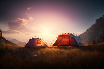 Fototapeta na wymiar fiktiv generative ki ai zelt zeltplatz idyllisch camping camper 