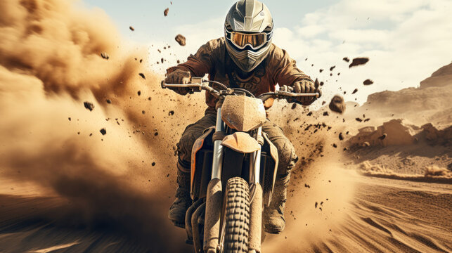 Motocross Rider Creating a Large Cloud of Dust in the Desert - Extreme Action