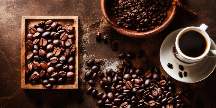 Coffee beans frame flatlay on brown background,Generative AI.
