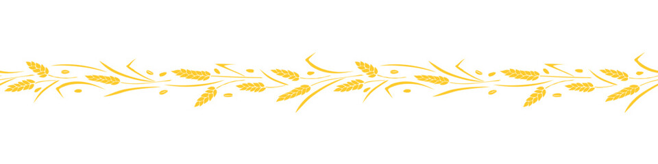 Vector edging, ribbon, border from golden wheat spikelets ears in flat style. Autumn ornament, seamless pattern, decorative element on theme of bakery products, flour, harvest, Thanksgiving - obrazy, fototapety, plakaty