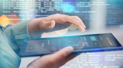 Woman, hands and tablet for trading cryptocurrency, stock market or digital investment with overlay at office. Hand of female person or trader on technology for profit, finance or growth in exchange