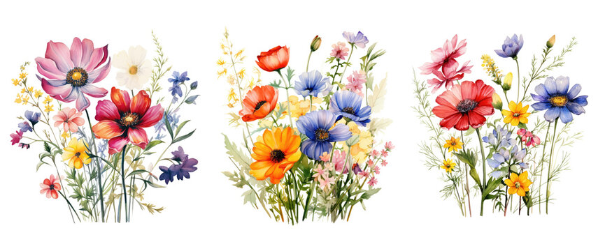 Watercolor wild flowers bouquet. Generative AI