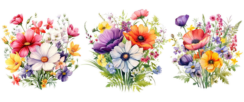 Watercolor wild flowers bouquet. Generative AI