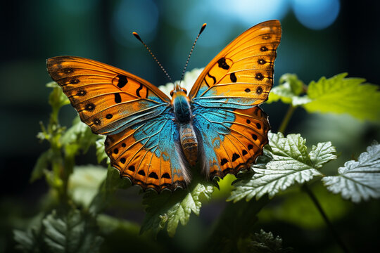 Delicate butterfly resting on a leaf, macro, image should convey grace Wallpaper Generative AI