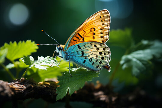 Delicate butterfly resting on a leaf, macro, image should convey grace Wallpaper Generative AI
