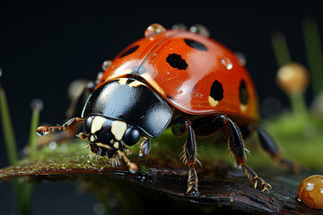 Obraz premium Close-up of a ladybug crawling on a blade of grass, macro, image should convey playfulness Wallpaper Generative AI