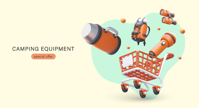 Equipment for camping. Shopping cart filled with tourist accessories. Advertising template with 3D illustration in cute style. Special offer. Promotional banner