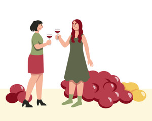 Female friends holding glass of drink and tasting organic wine. Concept of production wine from natural ingredients. Drinking alcohol drinks together. Vector flat illustration in red and green colors