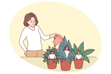 Employees sit in small pots and manager watering them. Boss or leader help workers to growth. Concept of mentorship and development. Vector illustration.