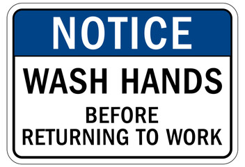 Hand washing sign and labels wash hands before returning to work