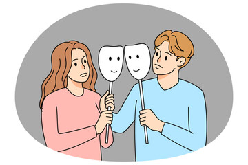 Couple with masks in fake relationships