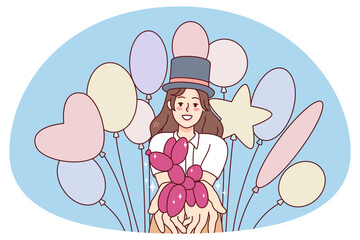 Smiling young woman selling balloons. Happy female seller promoting helium balloons and figures. Flat vector illustration.