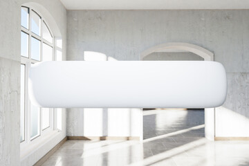 search box text floating in air standing in luxurious loft apartment with arched window and minimalistic interior living room design; 3D Illustration