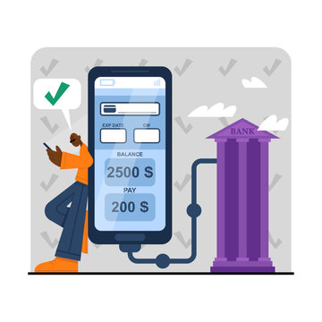 Male standing near mobile phone, checking bank account. Online bank transactions. Time for replenishment of credit card using smartphone. Modern banking services. Vector flat illustration