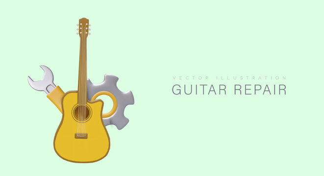 3D guitar, wrench, gear. Professional repair of musical instruments. Complete luthier service. Horizontal advertising template on green background, place for text