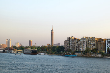 Egypt, Cairo - View of Nile River and Cairo Tower with Buildings, Zamalek, Sunset View.