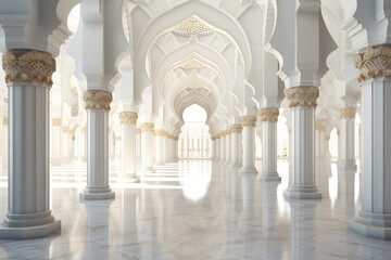 Fototapeta premium interior of beautiful white mosque on a sunny day, AI generative