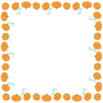 Square frame made of outline orange pumpkins in flat style. Vector autumn border, backdrop, decoration for seasonal design, thanksgiving theme and Halloween