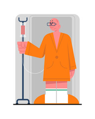 Sick man hold on to drip stand, having treatment at home. Time to get home treatment concept. Support and care for old people. Flat vector illustration in cartoon style