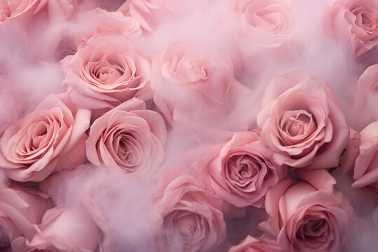 close up texture pattern of pastel pink roses with pink smoke, AI generative