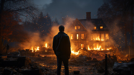 Fototapeta premium Back view man standing over burning house background. Generative Ai