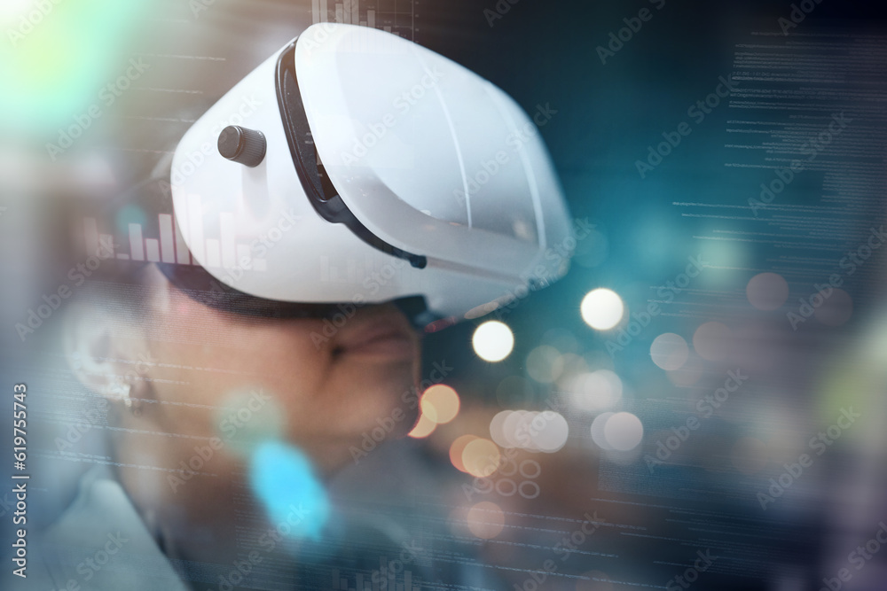 Poster Virtual reality, woman in headset and hologram with mockup for design, future technology and digital data. Research, web innovation and bokeh overlay, software programmer or developer with vr glasses