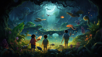 Childbook illustration aquarium with fishes