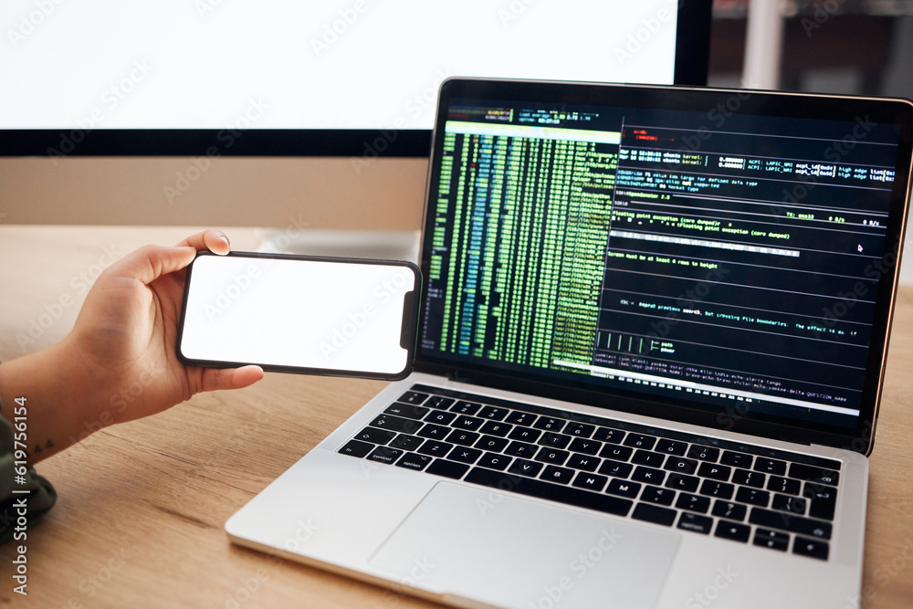 Poster Laptop, coding and hands with mockup phone for website hacking, programming or cybersecurity. Information technology, software and person on smartphone and computer for big data, update or web design