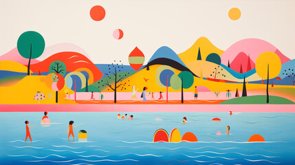 Childbook illustration lake on sunny day