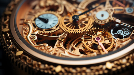 Fototapeta na wymiar Close up of a gear, Clock mechanism. Generative Ai