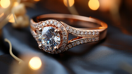 Close up of an elegant engagement diamond ring. Generative Ai