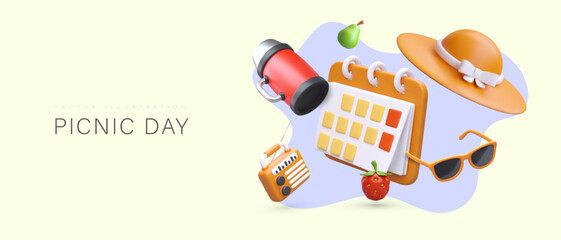 National Picnic Day. Sunbathing, rest, delicious natural snacks. Leisure in pleasant company with music. Recreation outside. Color template for web design