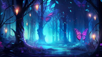 colorful fantasy forest foliage at night, glowing flowers and beautifuly butterflies as magical fairies, bioluminescent fauna as wallpaper background, generative ai