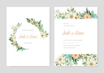 Fototapeta na wymiar Vector wedding invitation and menu template with beautiful leaves and flowers