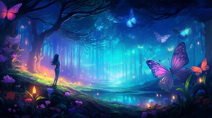 colorful fantasy forest foliage at night, glowing flowers and beautifuly butterflies as magical fairies, bioluminescent fauna as wallpaper background, generative ai