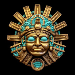 A gold Inca Mayan Aztec god head metal emblem. 3D style artifact metal badge. Coat of arms Inca god head. Inca god head metal insignia. Mayan badge. Ancient Medallion