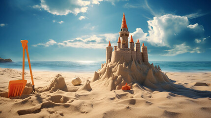 Childbook illustration sandcastle on the beach