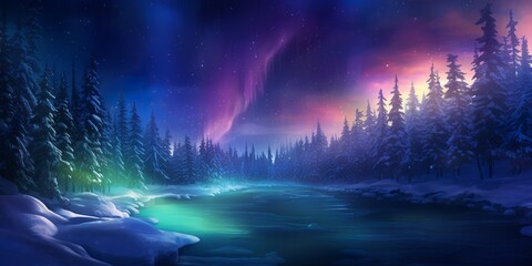 Fantasy winter landscape with northern light as christmas wallpaper background, generative ai