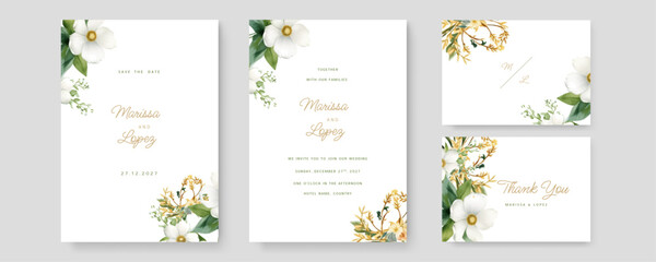 Fototapeta na wymiar Vector wedding invitation and menu template with beautiful leaves and flowers