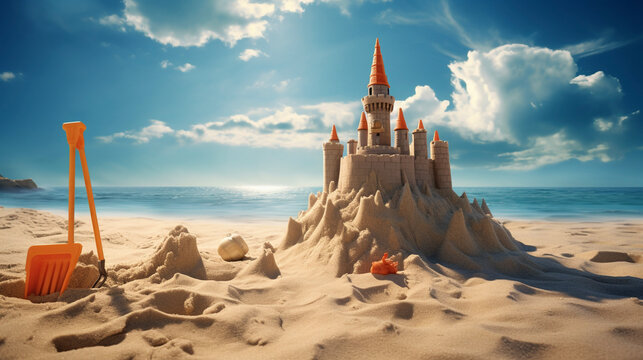 Childbook illustration sandcastle on the beach